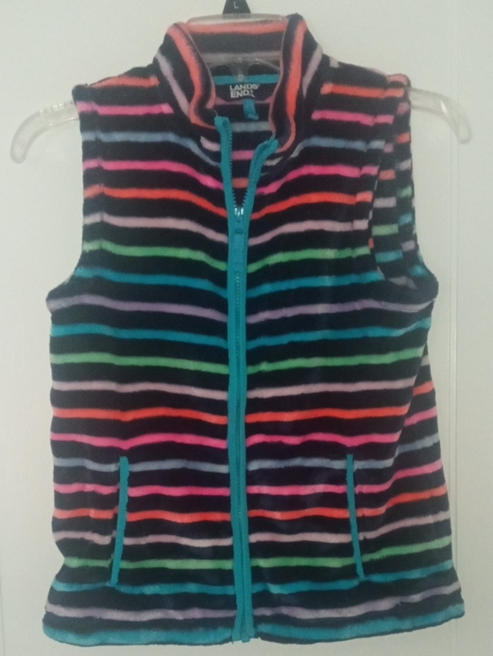 Lands' End girl Large Multi-Striped Fleece Vest - Teal Zip- super soft